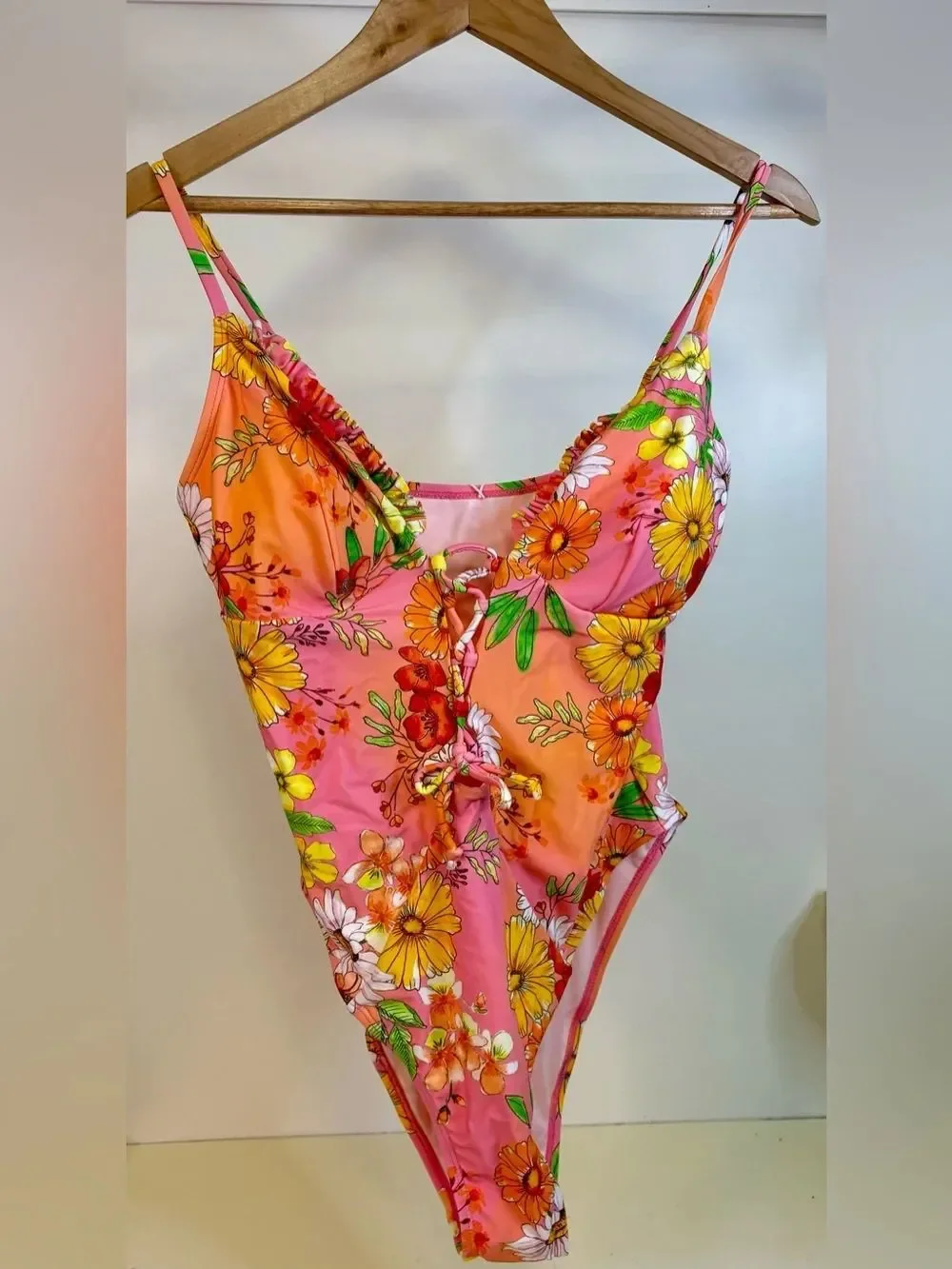 New with Tags Floral Tie-Front One-Piece Swimsuit - Pink & Orange